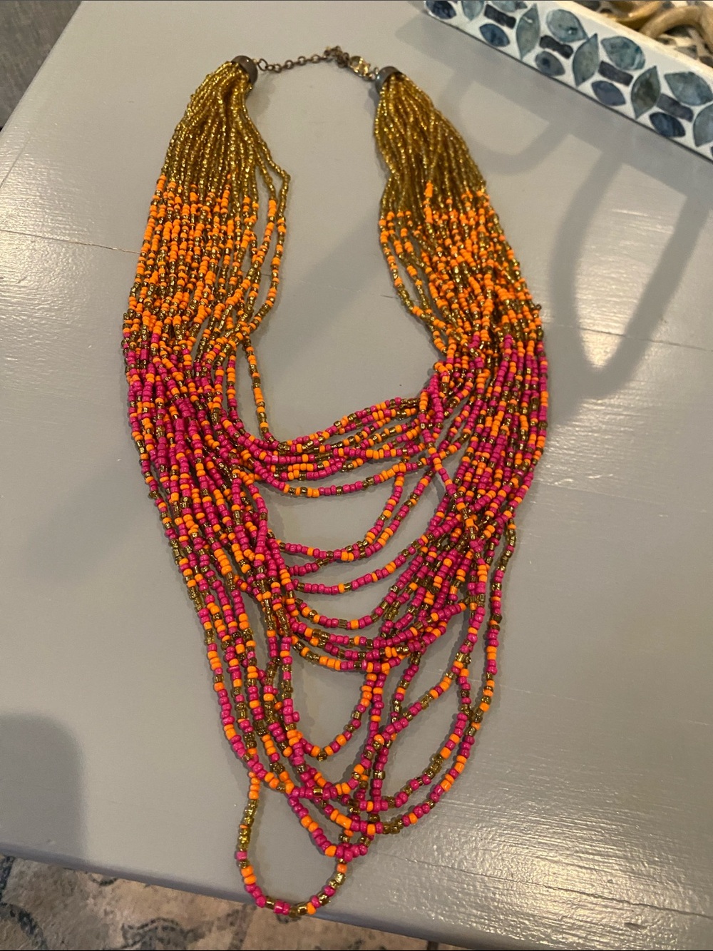 Multi-Strand Pink and Orange Seed Bead Necklace with Gold Accents